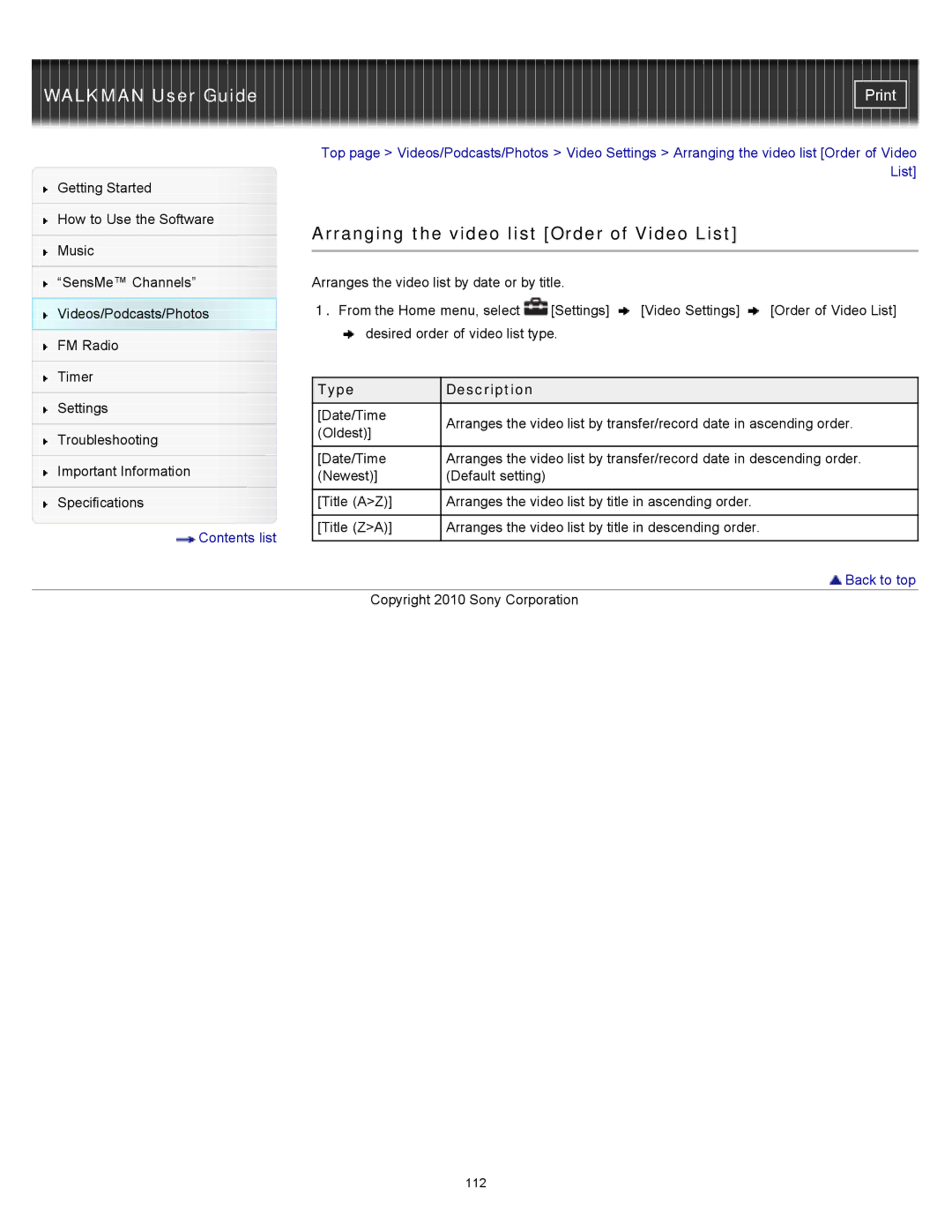 Sony NWZ-E353, NWZ-E355, NWZ-E354 specifications Arranging the video list Order of Video List 