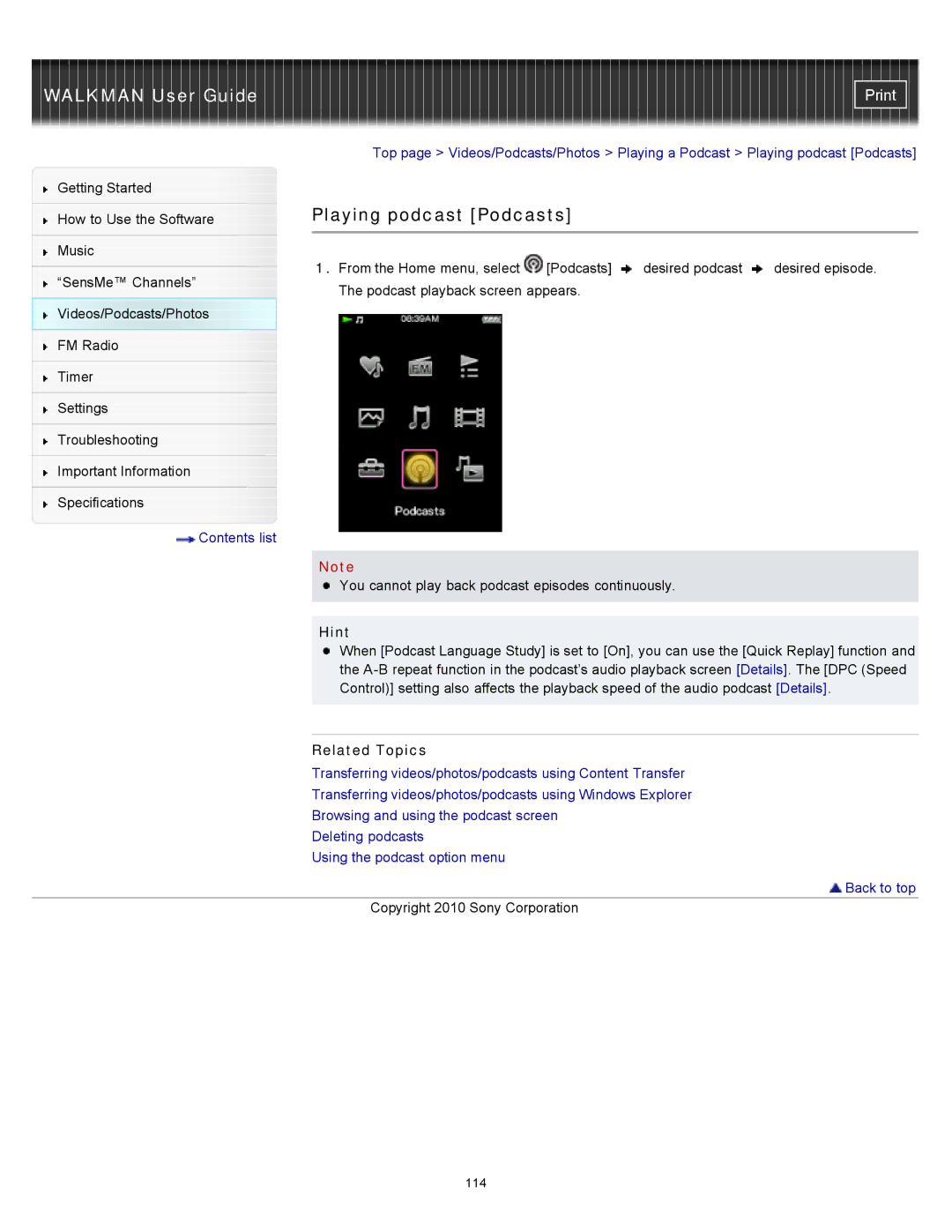 Sony NWZ-E355, NWZ-E353, NWZ-E354 specifications Playing podcast Podcasts, Hint 