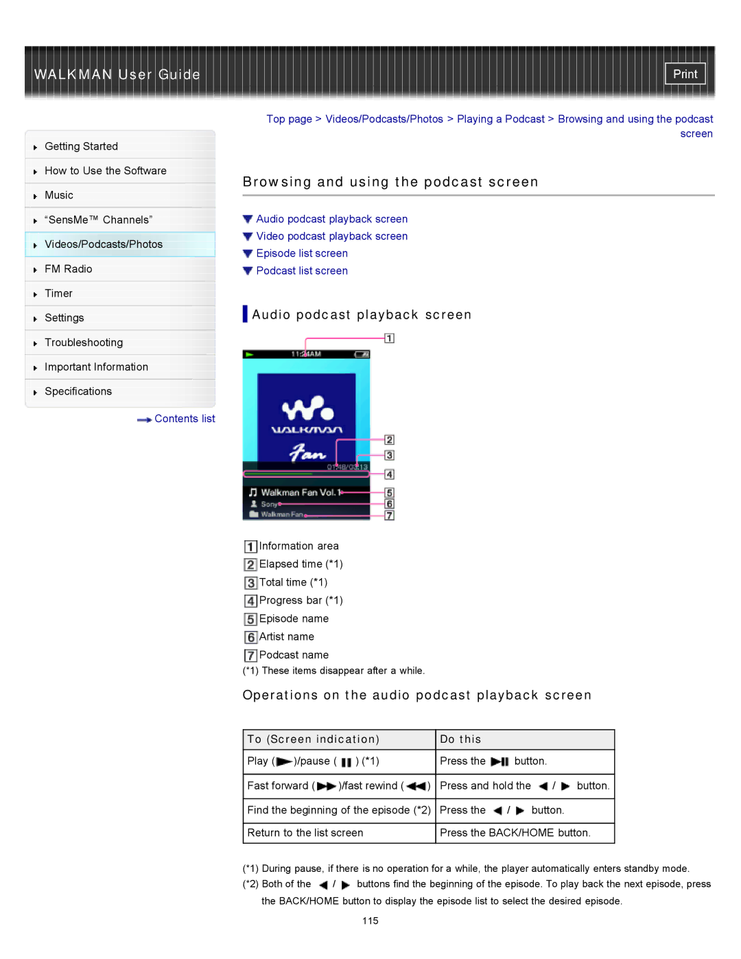 Sony NWZ-E353, NWZ-E355, NWZ-E354 specifications Browsing and using the podcast screen, Audio podcast playback screen 