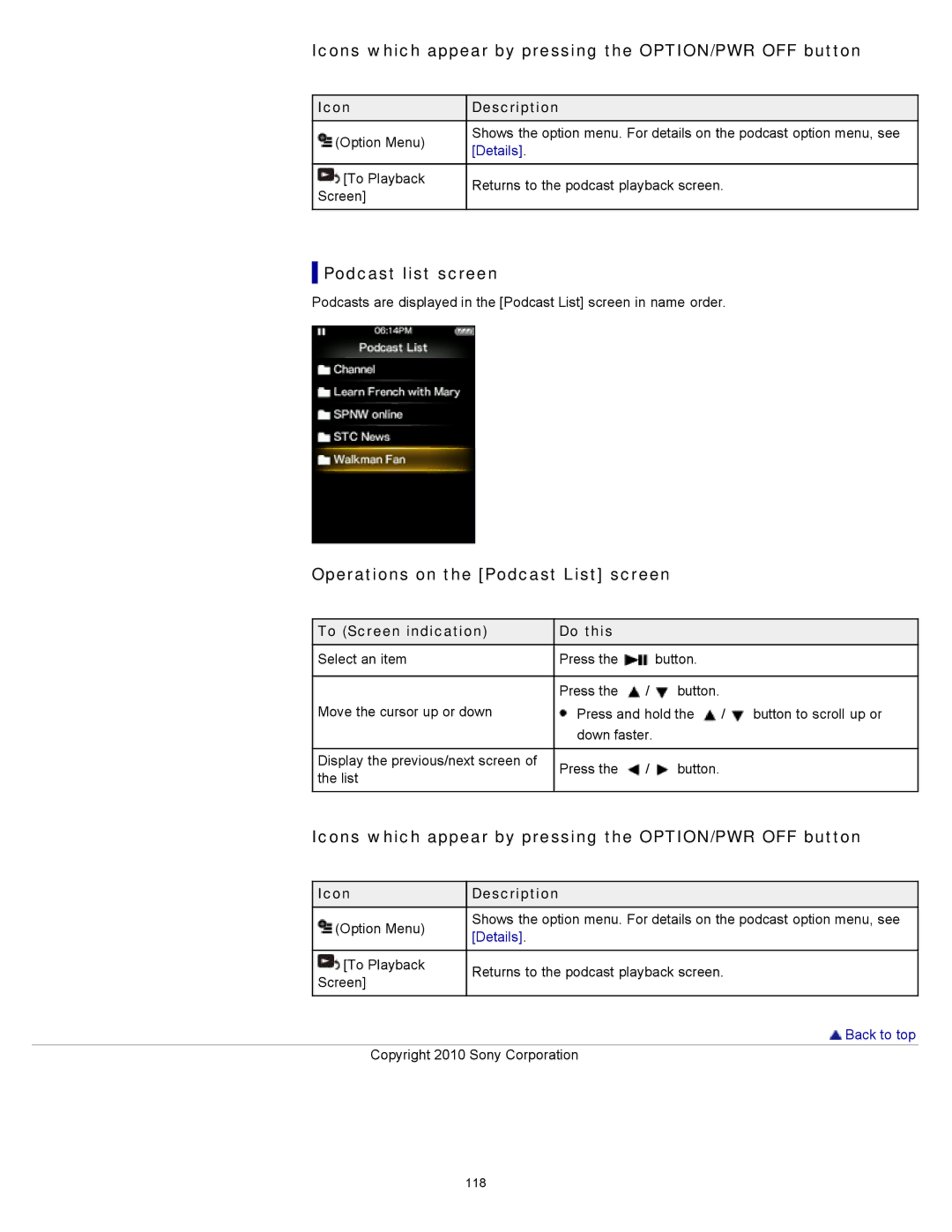 Sony NWZ-E353, NWZ-E355, NWZ-E354 specifications Podcast list screen, Operations on the Podcast List screen 