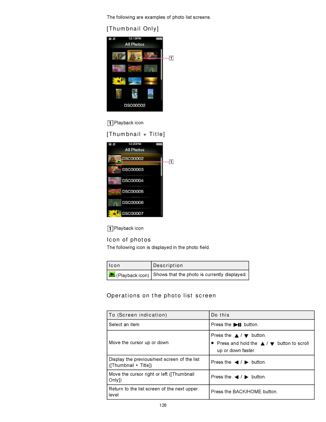 Sony NWZ-E355, NWZ-E353, NWZ-E354 Thumbnail Only, Thumbnail + Title, Icon of photos, Operations on the photo list screen 