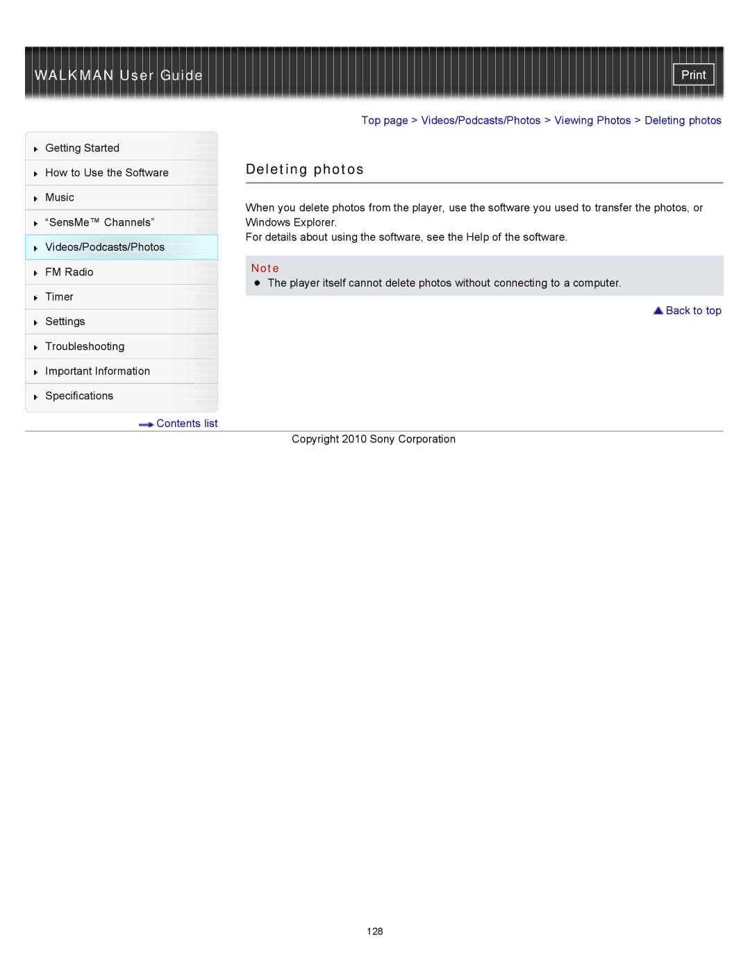 Sony NWZ-E354, NWZ-E355, NWZ-E353 specifications Deleting photos 