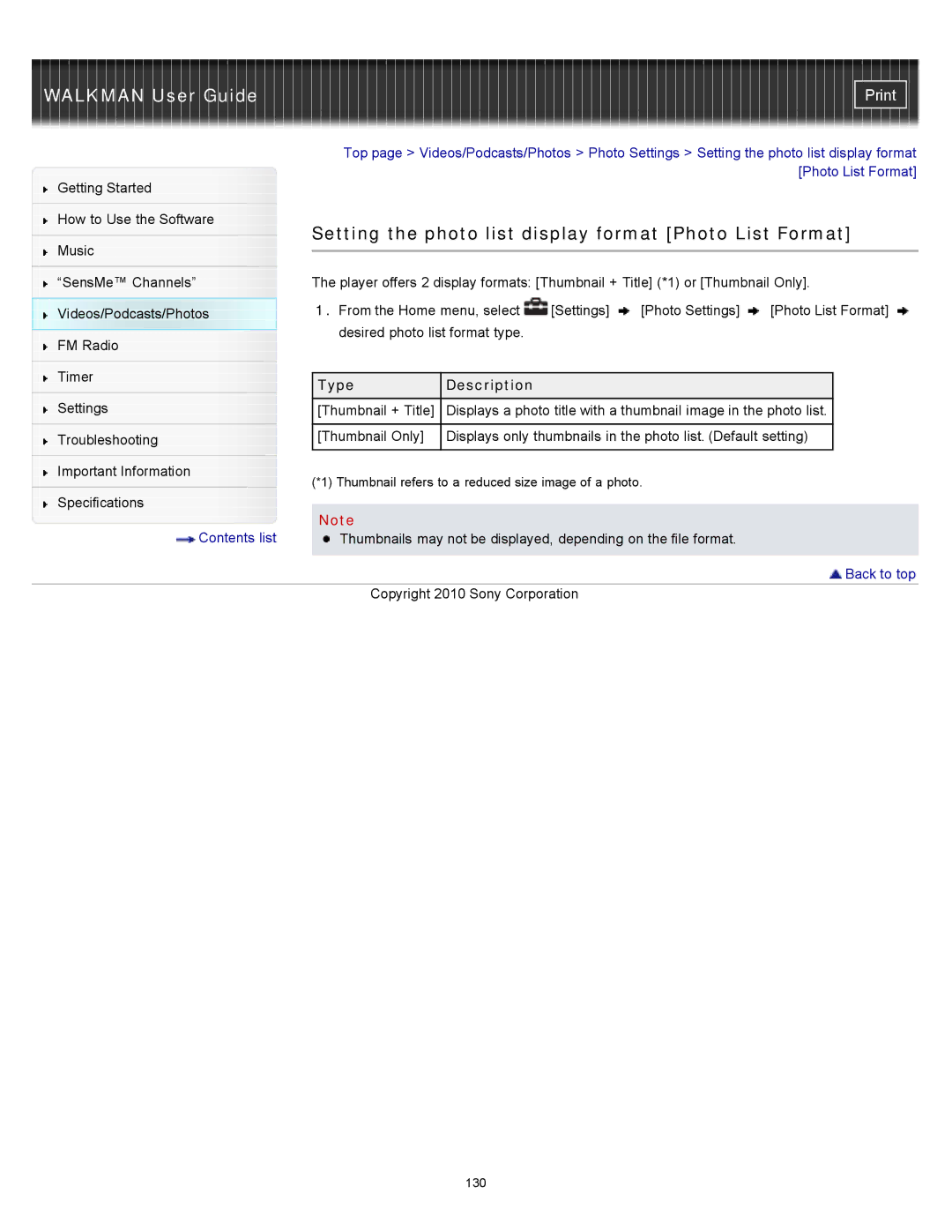 Sony NWZ-E353, NWZ-E355, NWZ-E354 specifications Setting the photo list display format Photo List Format, Type Description 