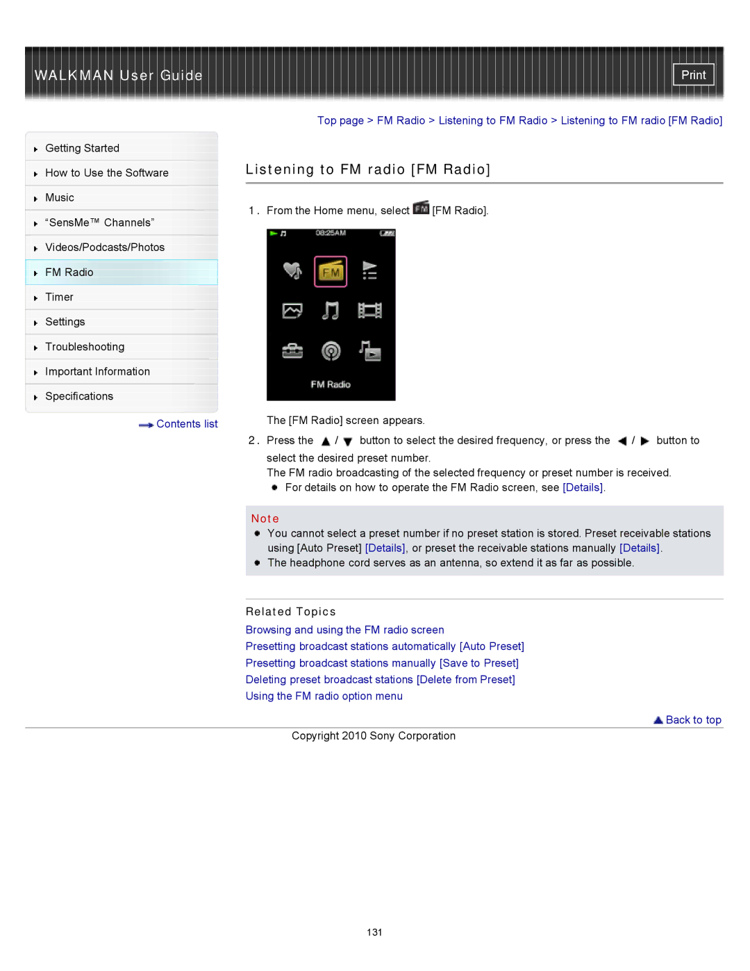 Sony NWZ-E354, NWZ-E355, NWZ-E353 specifications Listening to FM radio FM Radio, Related Topics 