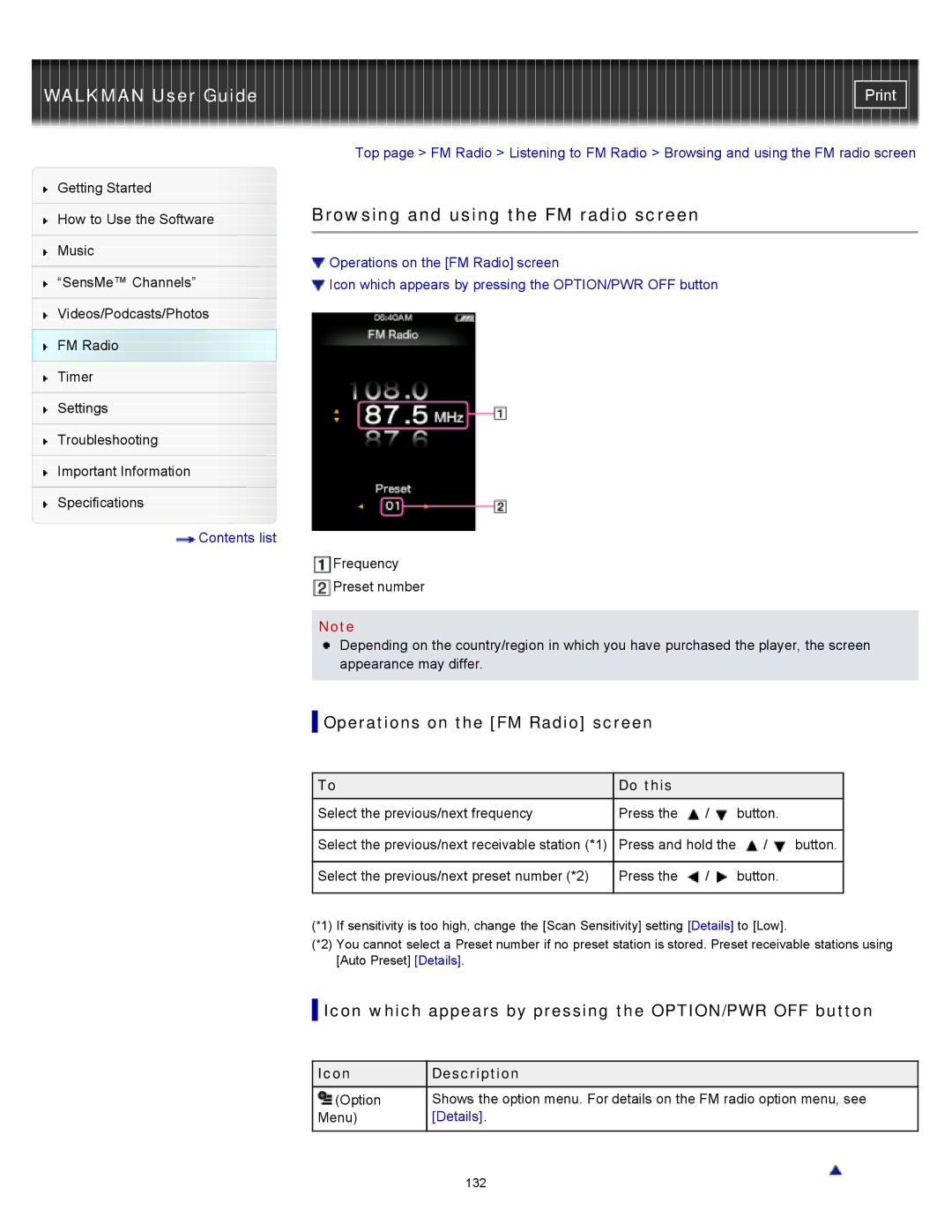 Sony NWZ-E355, NWZ-E353, NWZ-E354 specifications Browsing and using the FM radio screen, Operations on the FM Radio screen 