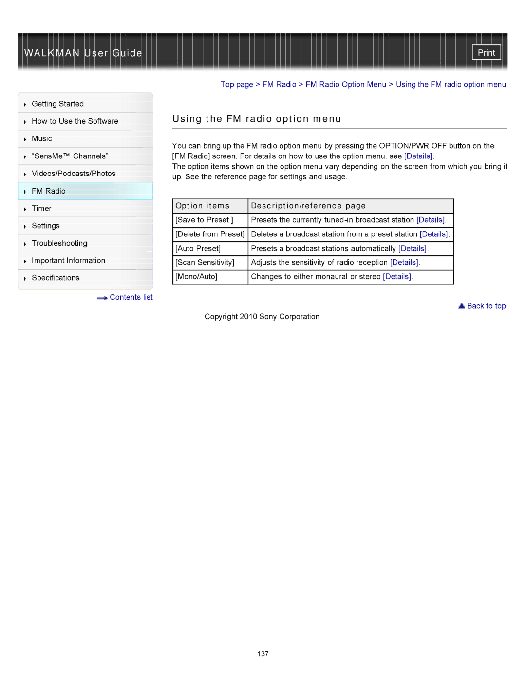 Sony NWZ-E354, NWZ-E355, NWZ-E353 specifications Using the FM radio option menu, Option items Description/reference 