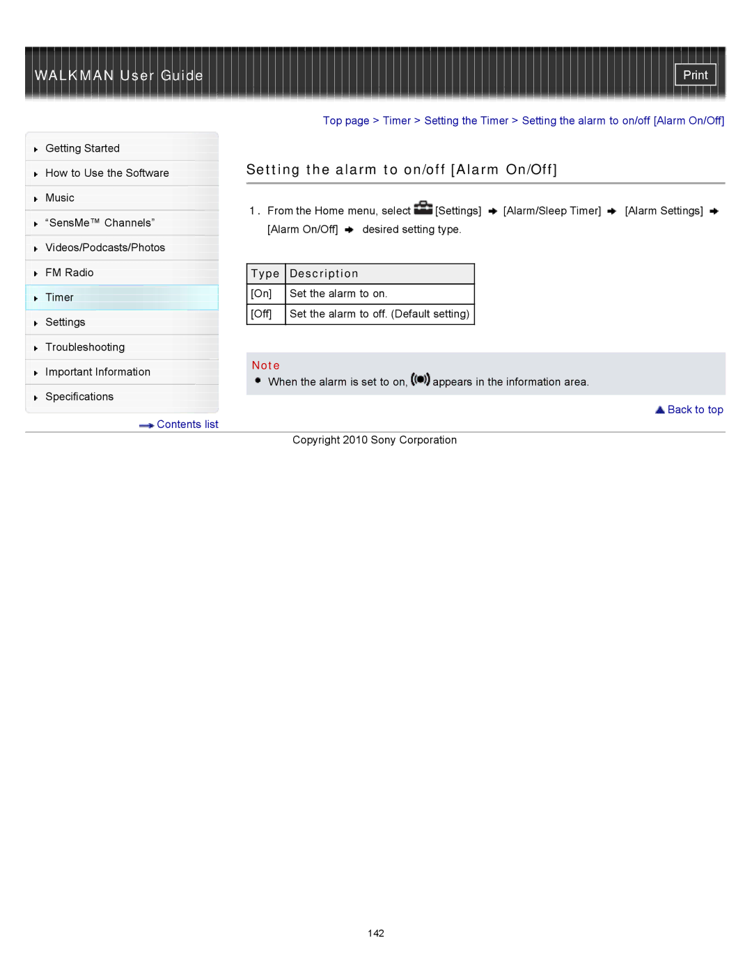 Sony NWZ-E353, NWZ-E355, NWZ-E354 specifications Setting the alarm to on/off Alarm On/Off, Type Description 