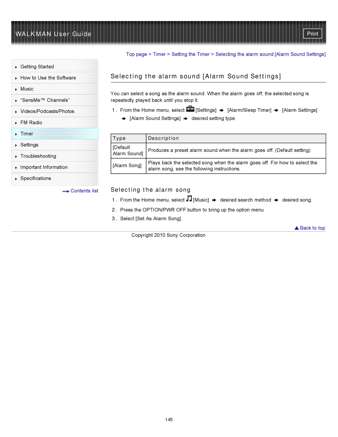 Sony NWZ-E353, NWZ-E355, NWZ-E354 specifications Selecting the alarm sound Alarm Sound Settings, Selecting the alarm song 