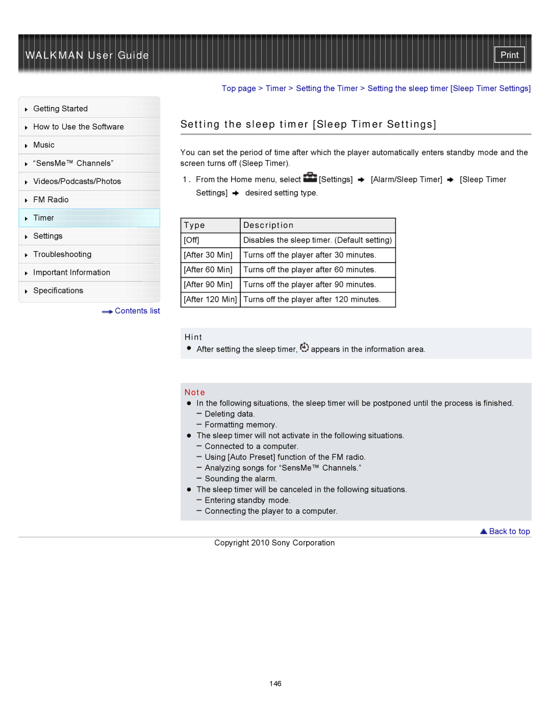 Sony NWZ-E354, NWZ-E355, NWZ-E353 specifications Setting the sleep timer Sleep Timer Settings, Hint 