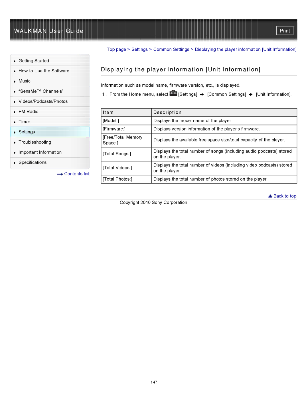 Sony NWZ-E355, NWZ-E353, NWZ-E354 specifications Displaying the player information Unit Information 