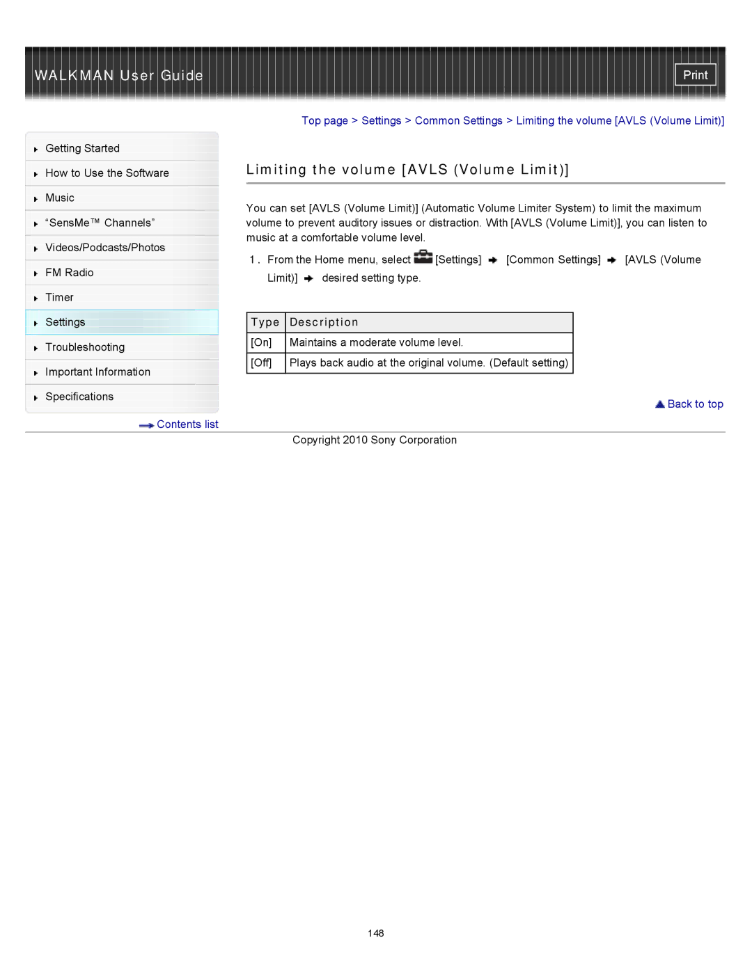 Sony NWZ-E353, NWZ-E355, NWZ-E354 specifications Limiting the volume Avls Volume Limit 