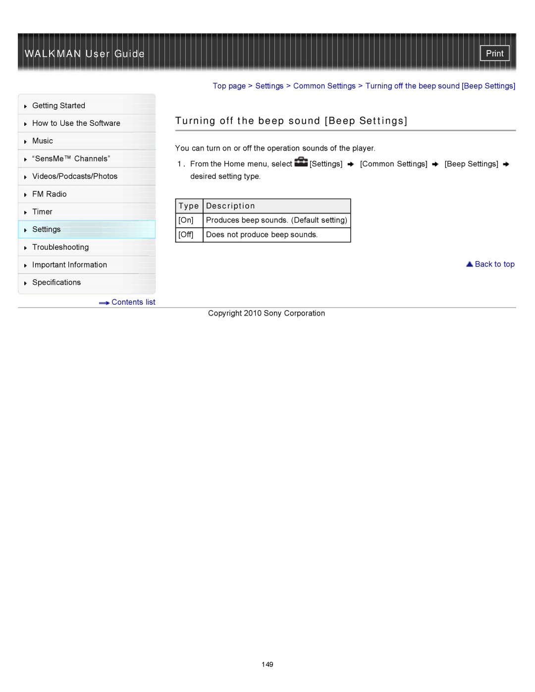 Sony NWZ-E354, NWZ-E355, NWZ-E353 specifications Turning off the beep sound Beep Settings 