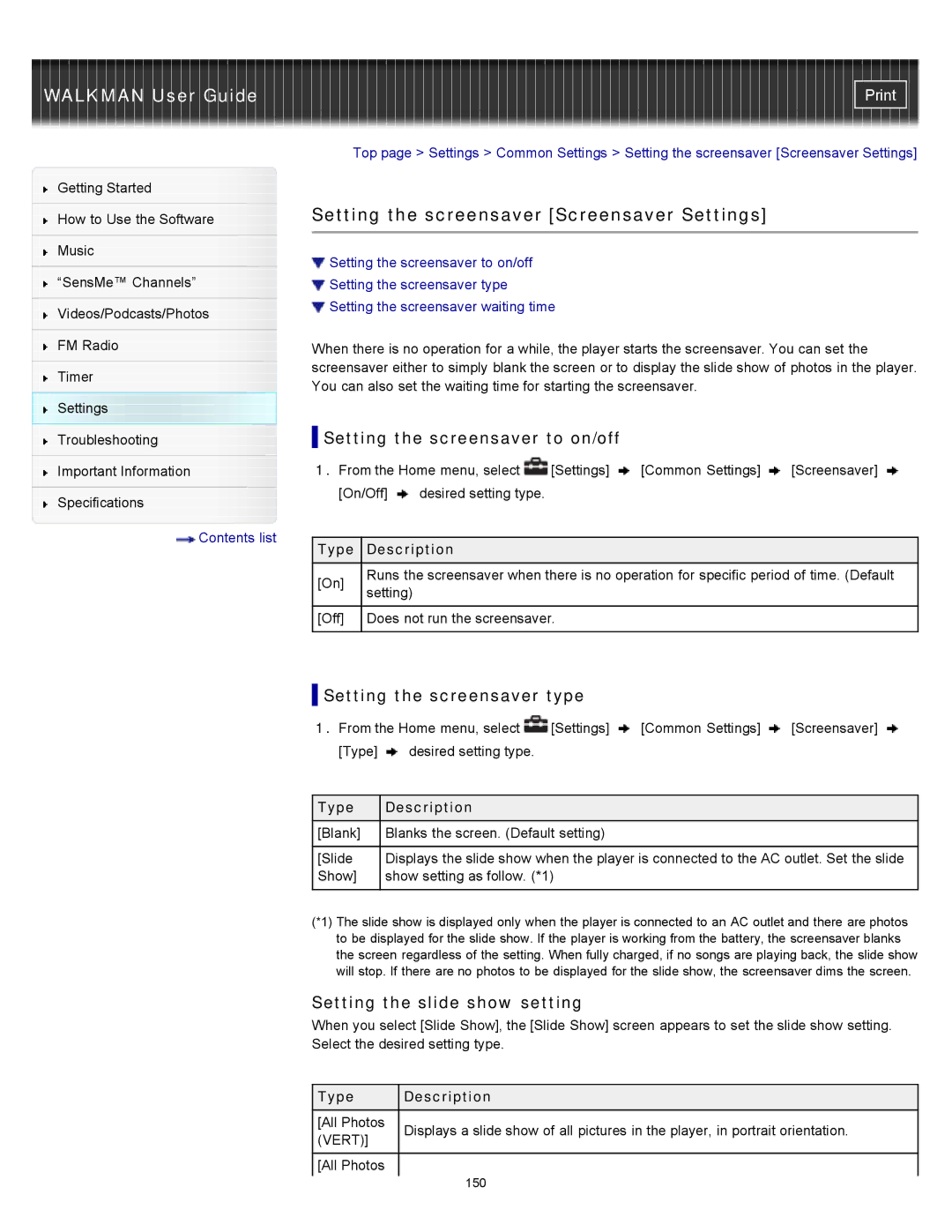 Sony NWZ-E355, NWZ-E353, NWZ-E354 Setting the screensaver Screensaver Settings, Setting the screensaver to on/off 