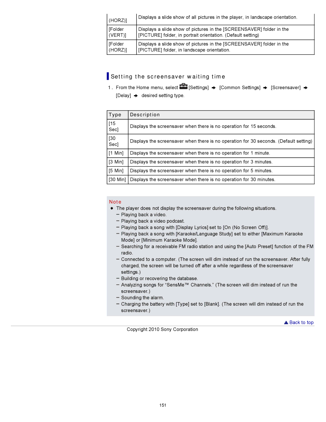 Sony NWZ-E353, NWZ-E355, NWZ-E354 specifications Setting the screensaver waiting time, Horz 