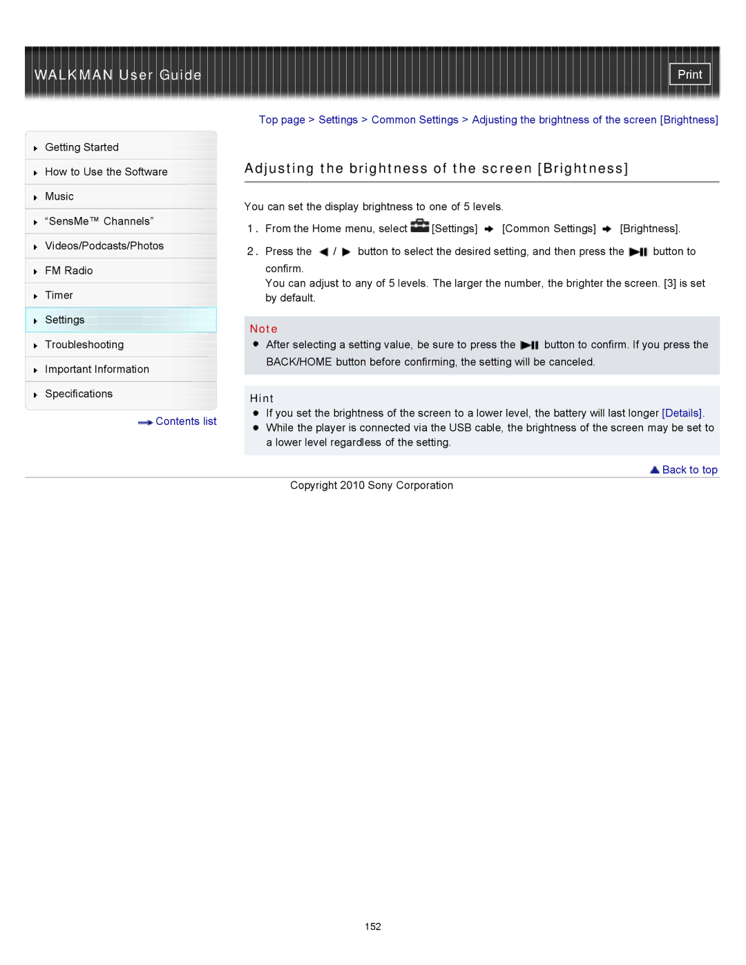 Sony NWZ-E354, NWZ-E355, NWZ-E353 specifications Adjusting the brightness of the screen Brightness, Hint 