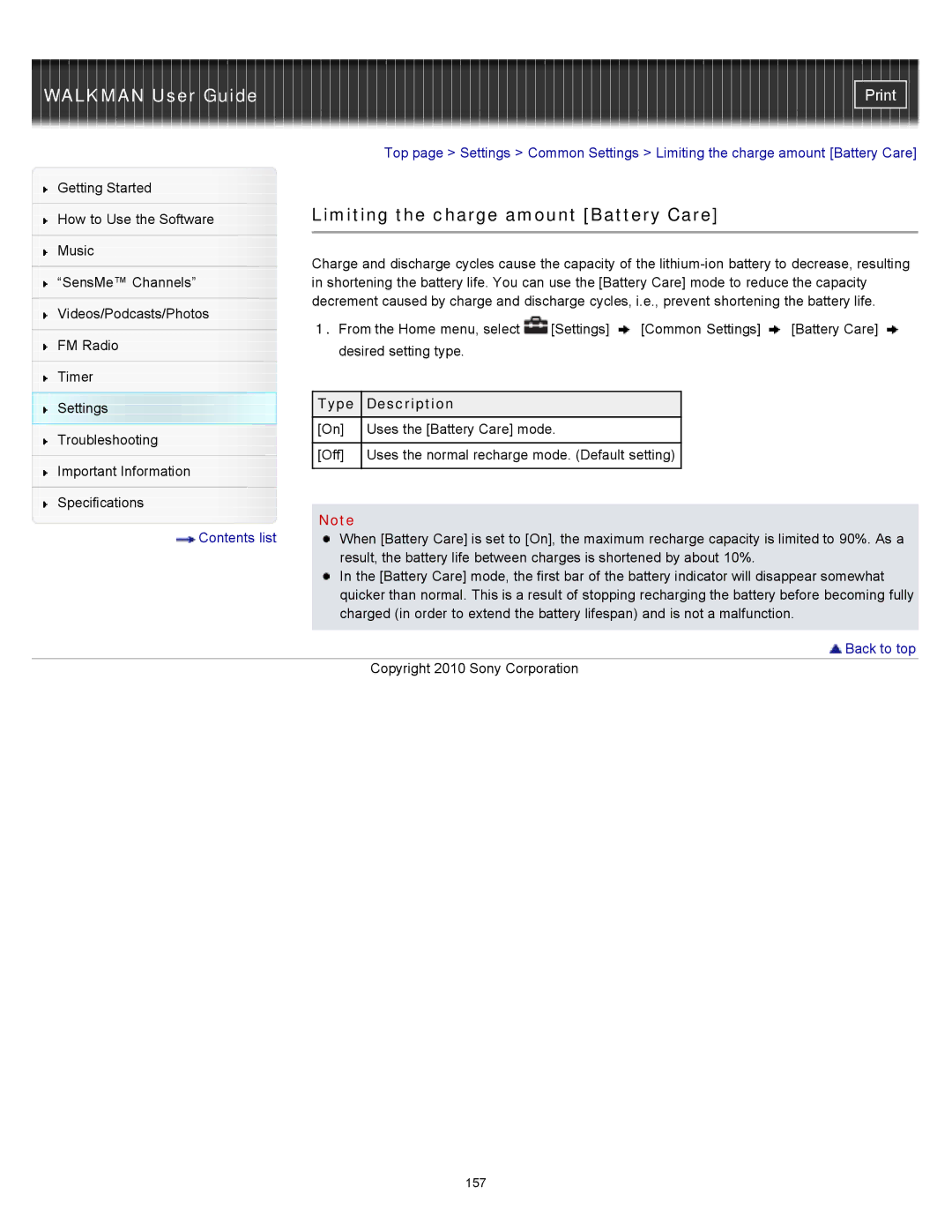 Sony NWZ-E353, NWZ-E355, NWZ-E354 specifications Limiting the charge amount Battery Care 