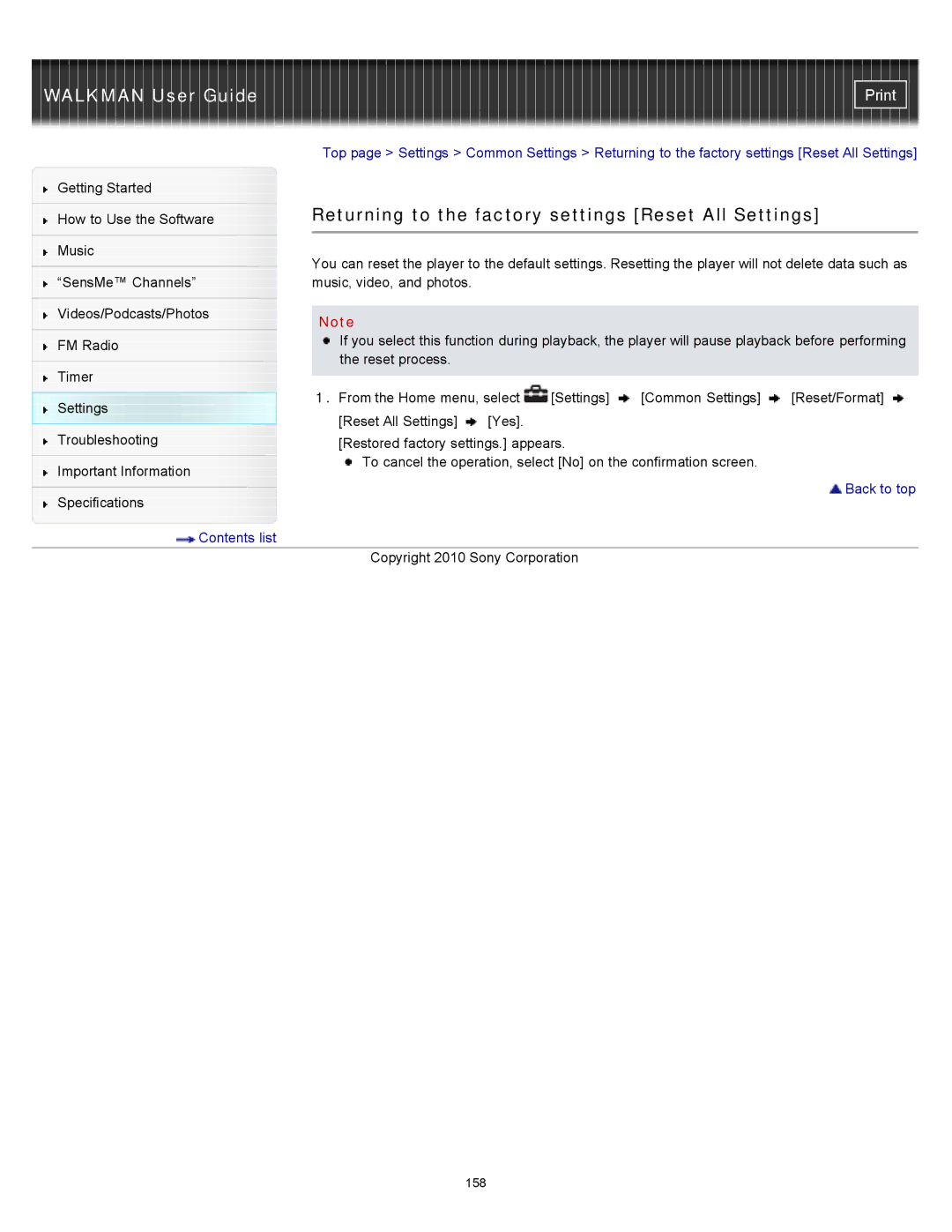 Sony NWZ-E354, NWZ-E355, NWZ-E353 specifications Returning to the factory settings Reset All Settings 