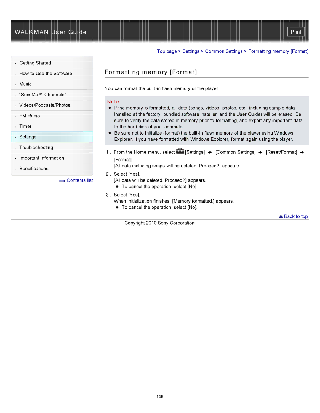 Sony NWZ-E355, NWZ-E353, NWZ-E354 specifications Formatting memory Format 