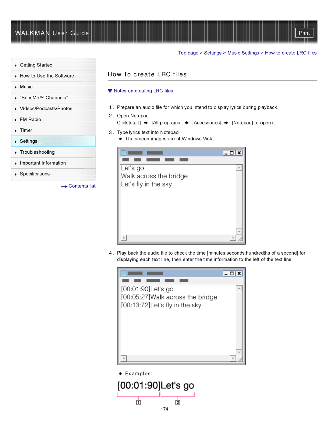 Sony NWZ-E355, NWZ-E353, NWZ-E354 specifications Top page Settings Music Settings How to create LRC files 