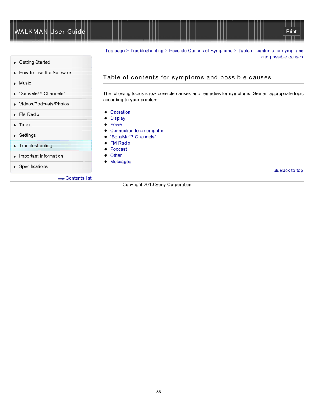 Sony NWZ-E354, NWZ-E355, NWZ-E353 specifications Table of contents for symptoms and possible causes 