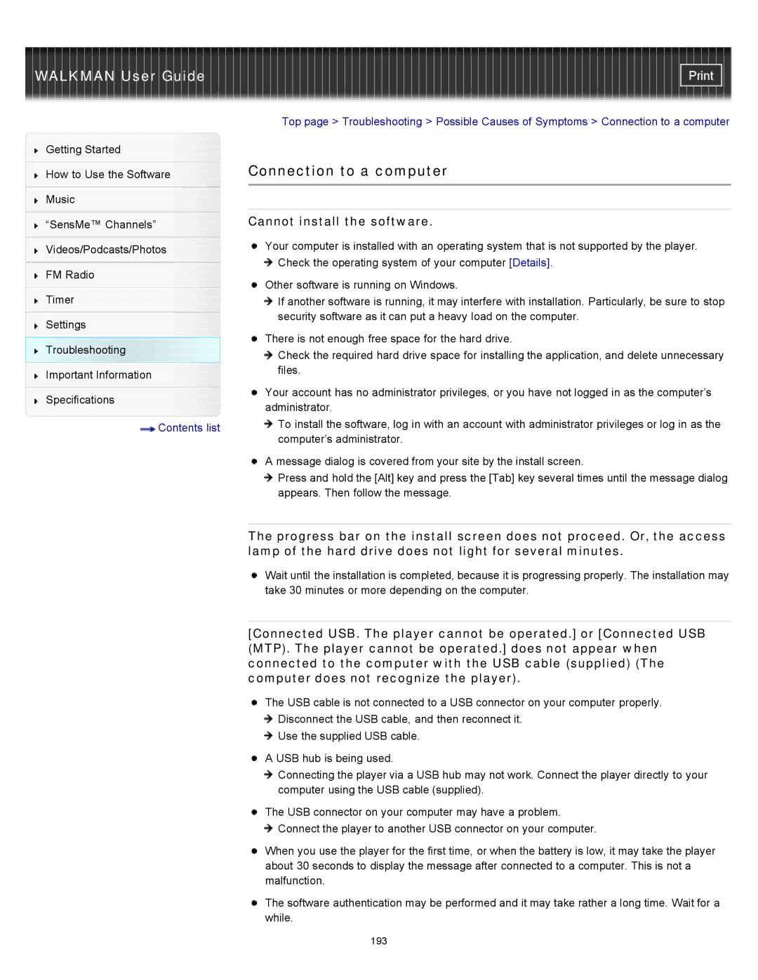 Sony NWZ-E353, NWZ-E355, NWZ-E354 specifications Connection to a computer, Cannot install the software 