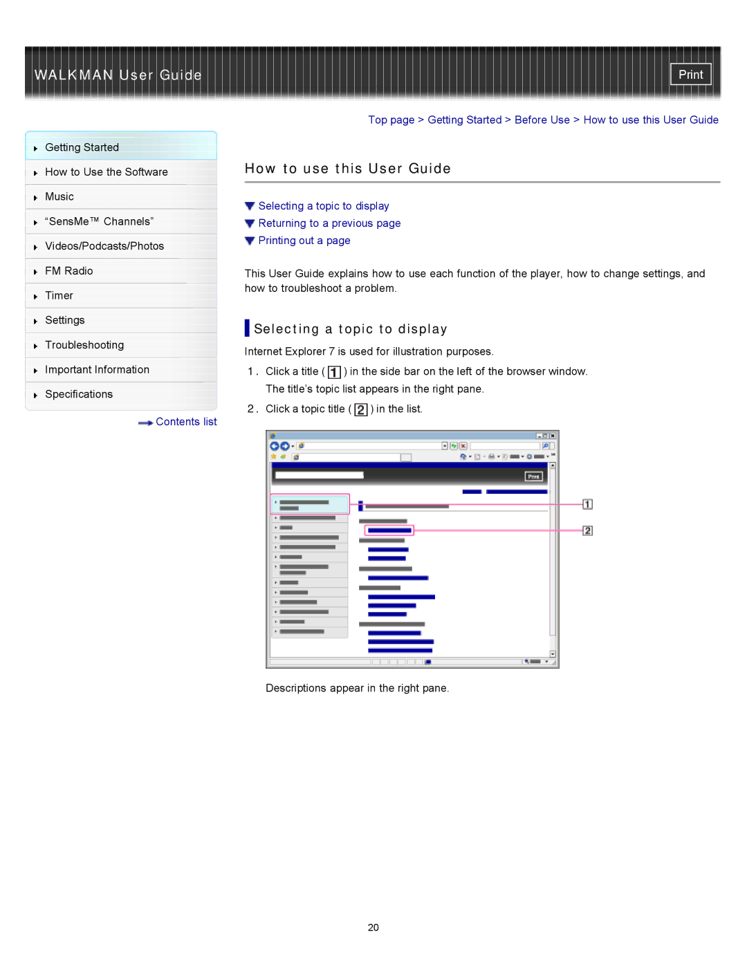 Sony NWZ-E354, NWZ-E355, NWZ-E353 specifications How to use this User Guide, Selecting a topic to display 