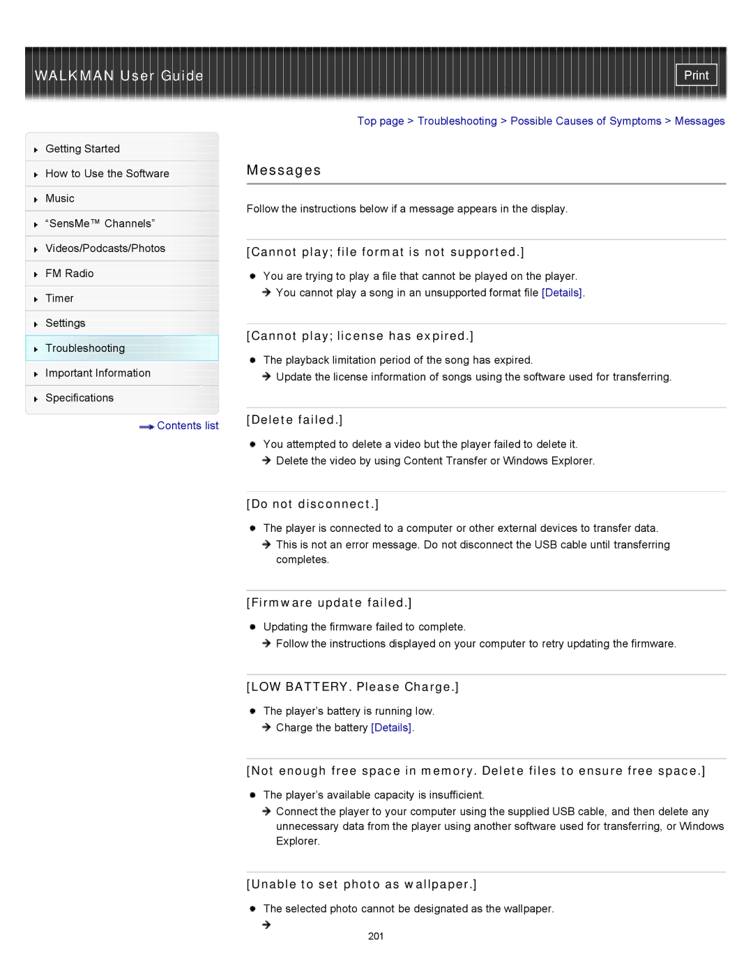 Sony NWZ-E355, NWZ-E353, NWZ-E354 specifications Messages 