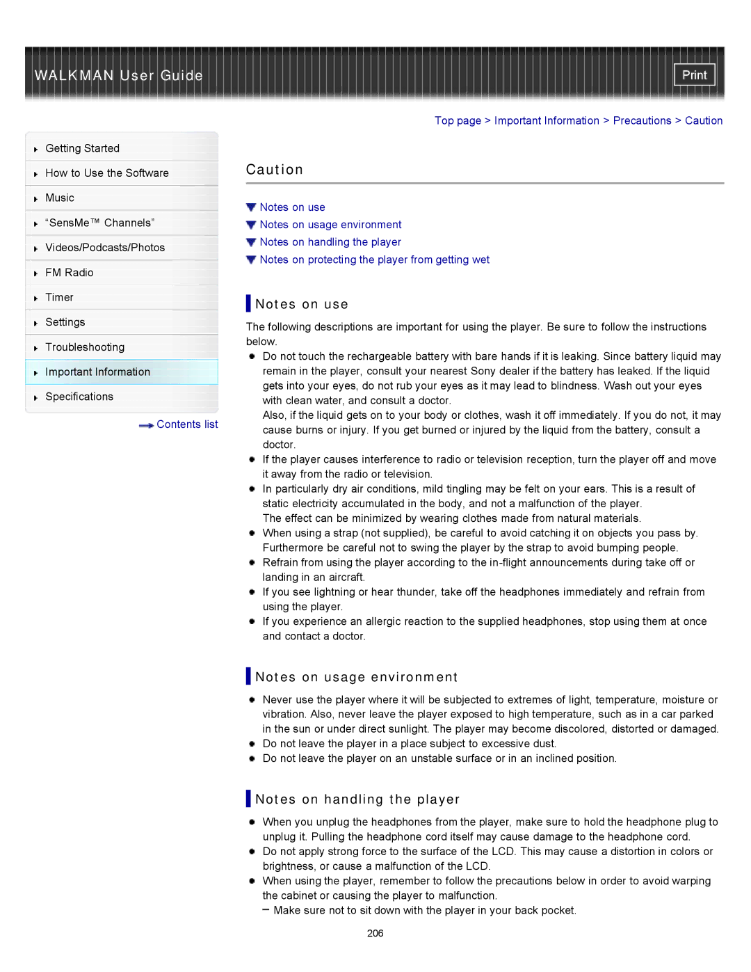 Sony NWZ-E354, NWZ-E355, NWZ-E353 specifications Top page Important Information Precautions Caution 