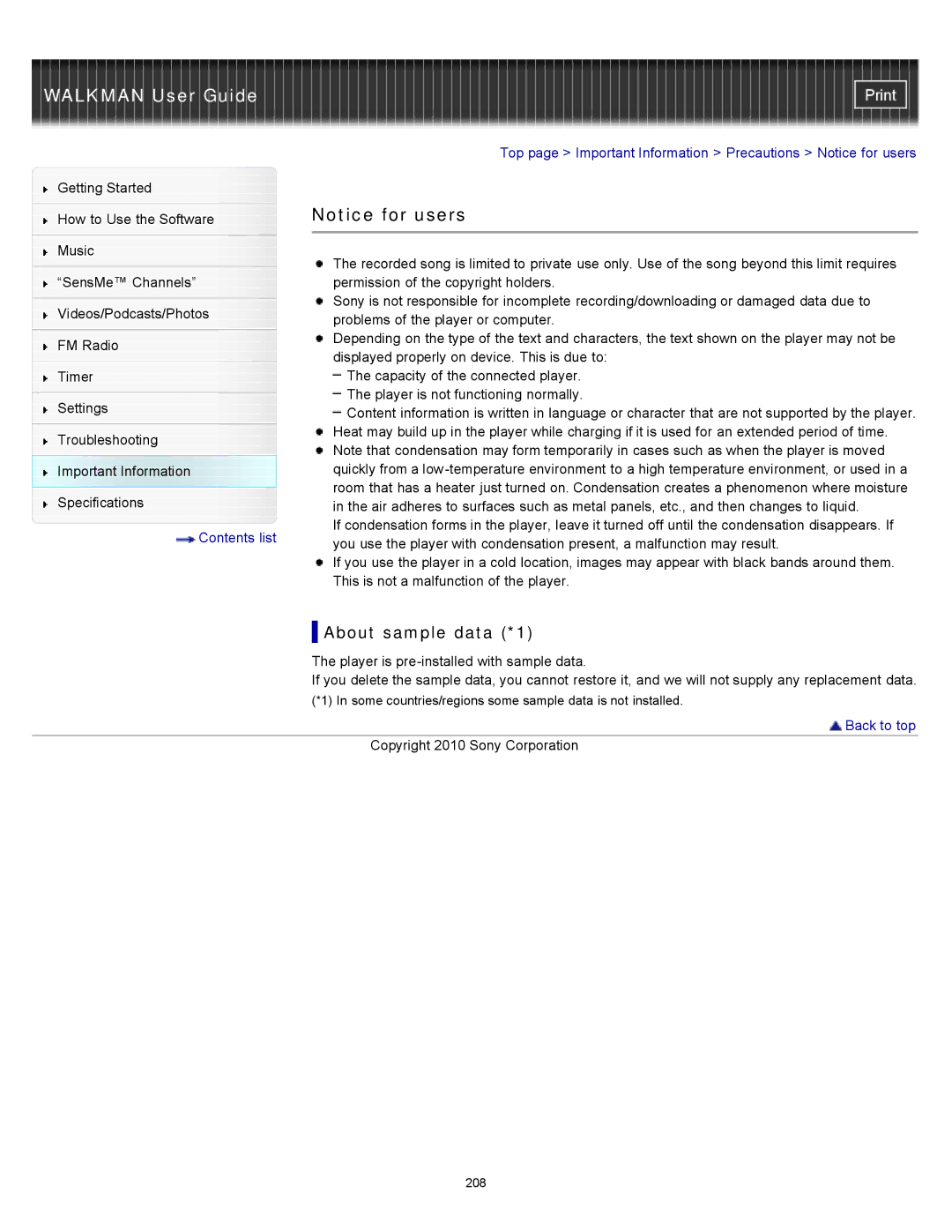 Sony NWZ-E353, NWZ-E355, NWZ-E354 About sample data *1, Top page Important Information Precautions Notice for users 