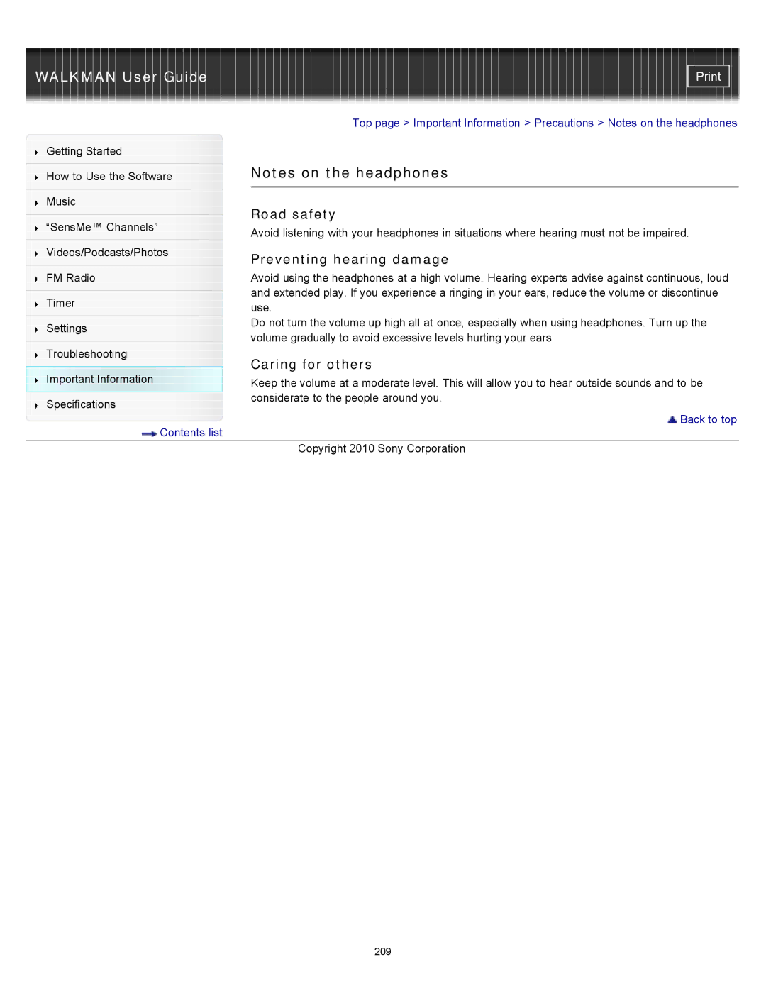 Sony NWZ-E354, NWZ-E355, NWZ-E353 specifications Road safety, Preventing hearing damage, Caring for others 