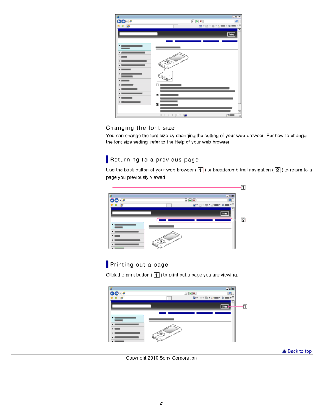 Sony NWZ-E355, NWZ-E353, NWZ-E354 specifications Changing the font size, Returning to a previous, Printing out a 