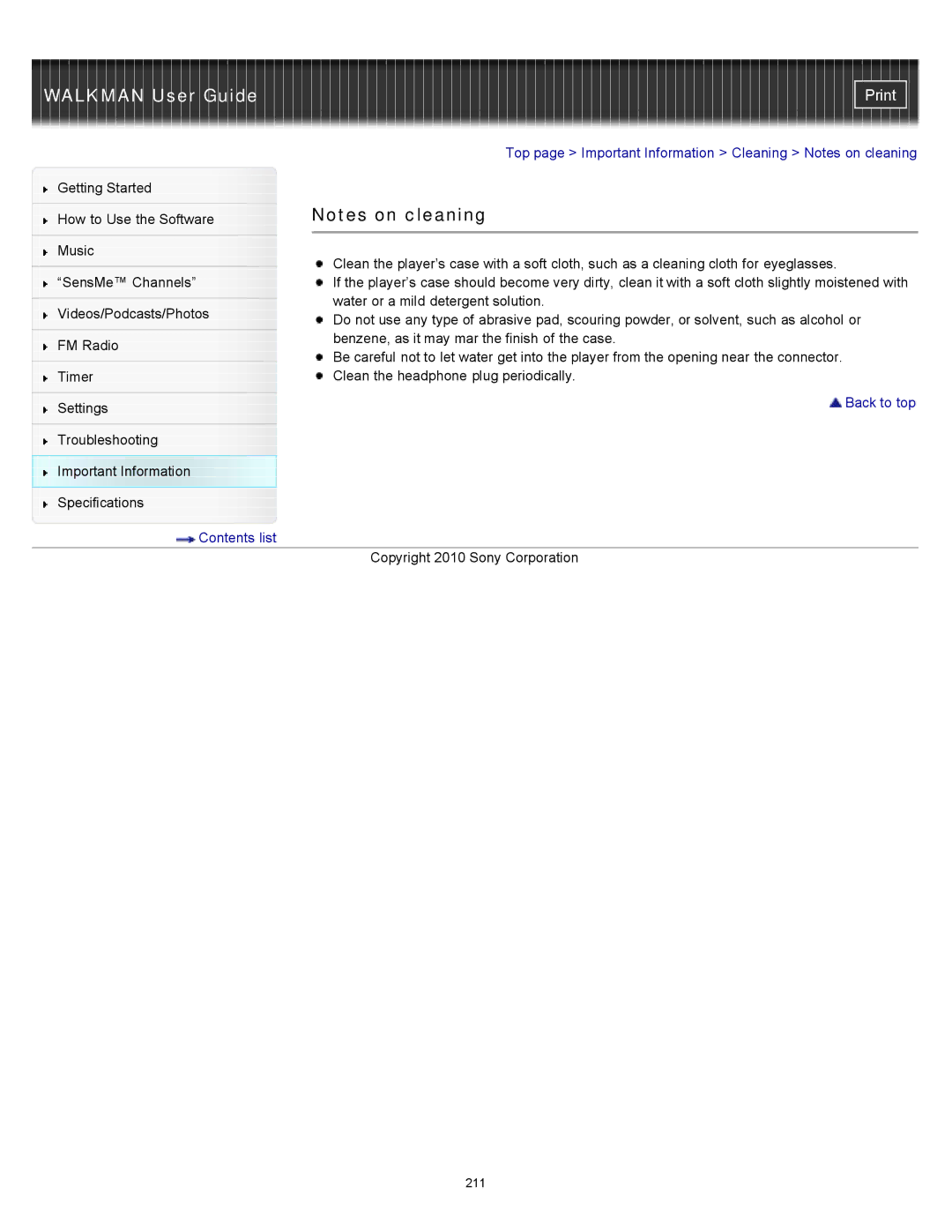 Sony NWZ-E353, NWZ-E355, NWZ-E354 specifications Top page Important Information Cleaning Notes on cleaning 