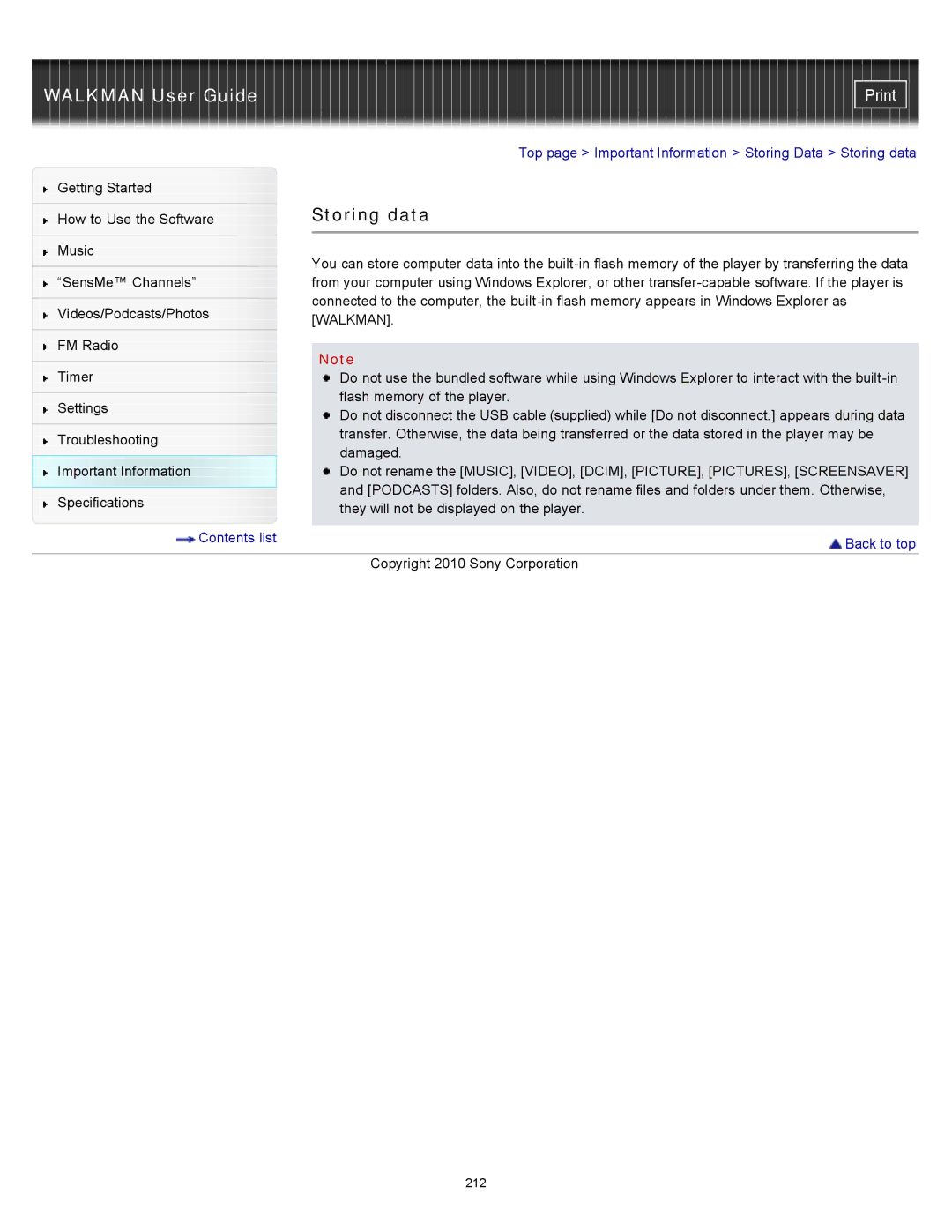 Sony NWZ-E354, NWZ-E355, NWZ-E353 specifications Storing data, Walkman 