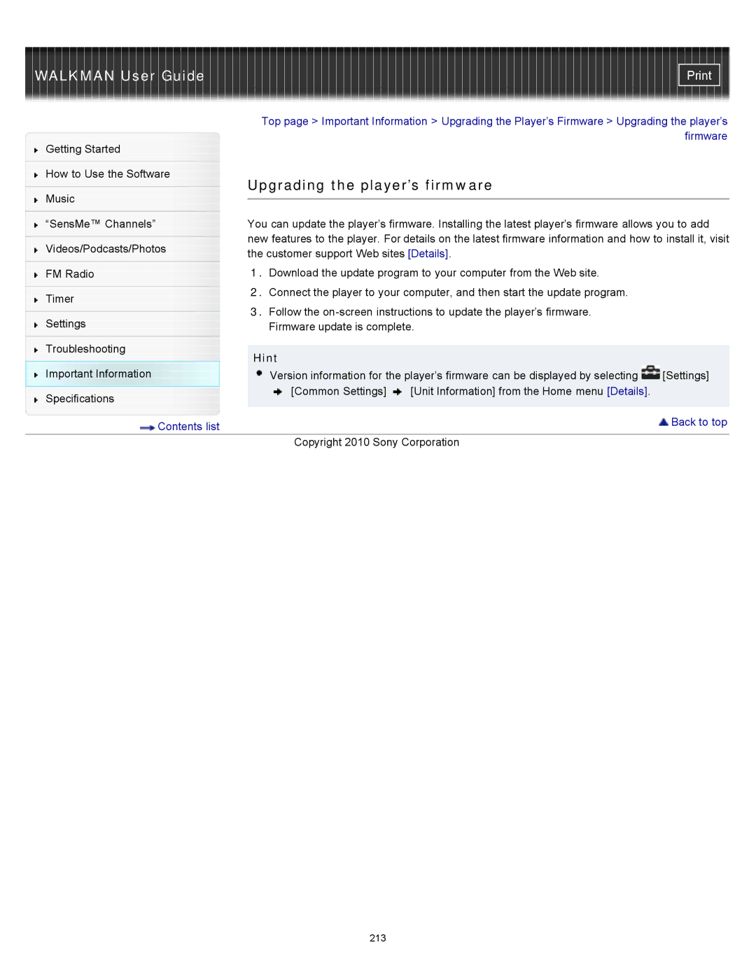 Sony NWZ-E355, NWZ-E353, NWZ-E354 specifications Upgrading the player’s firmware, Hint 