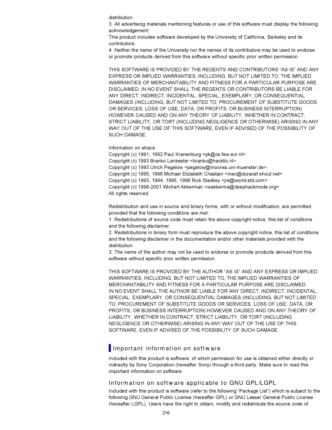 Sony NWZ-E355, NWZ-E353, NWZ-E354 Important information on software, Information on software applicable to GNU GPL/LGPL 