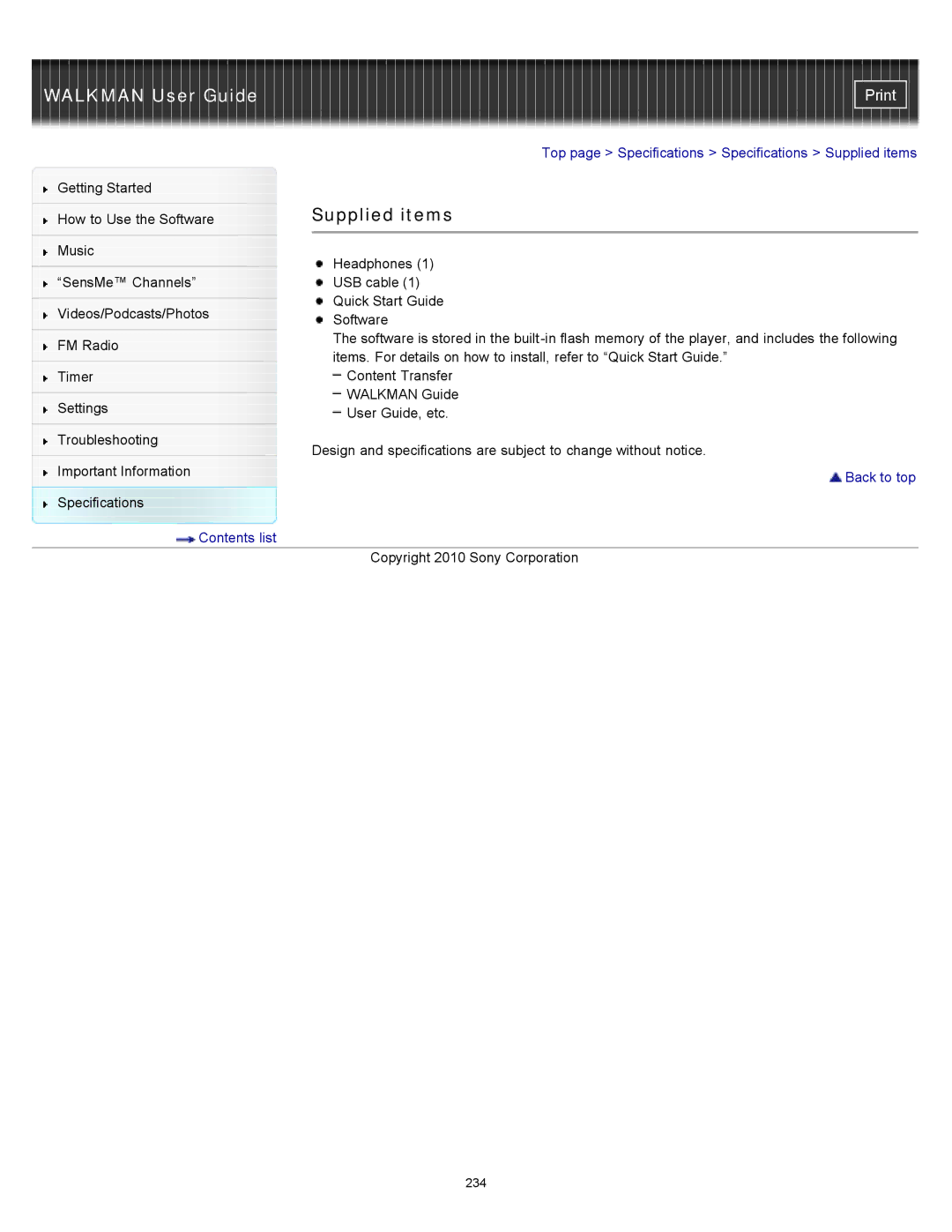 Sony NWZ-E355, NWZ-E353, NWZ-E354 specifications Supplied items 