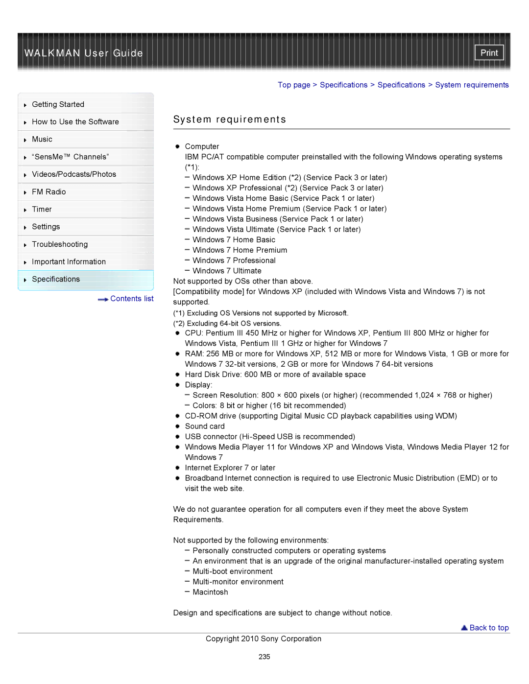 Sony NWZ-E353, NWZ-E355, NWZ-E354 specifications System requirements 