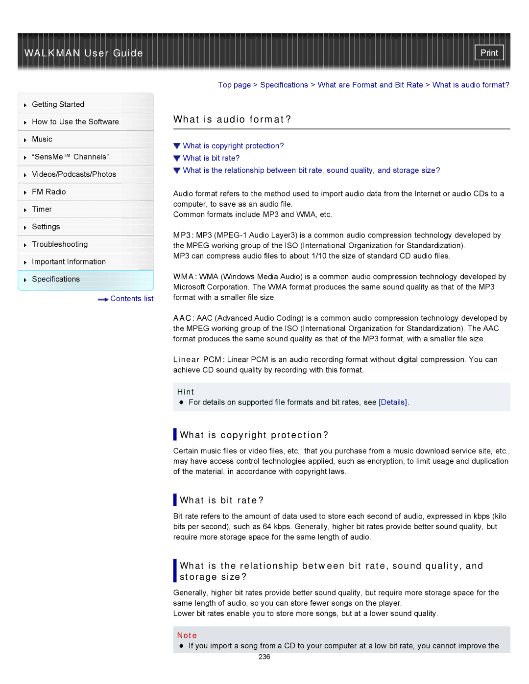 Sony NWZ-E354, NWZ-E355, NWZ-E353 specifications What is audio format?, What is copyright protection?, What is bit rate? 