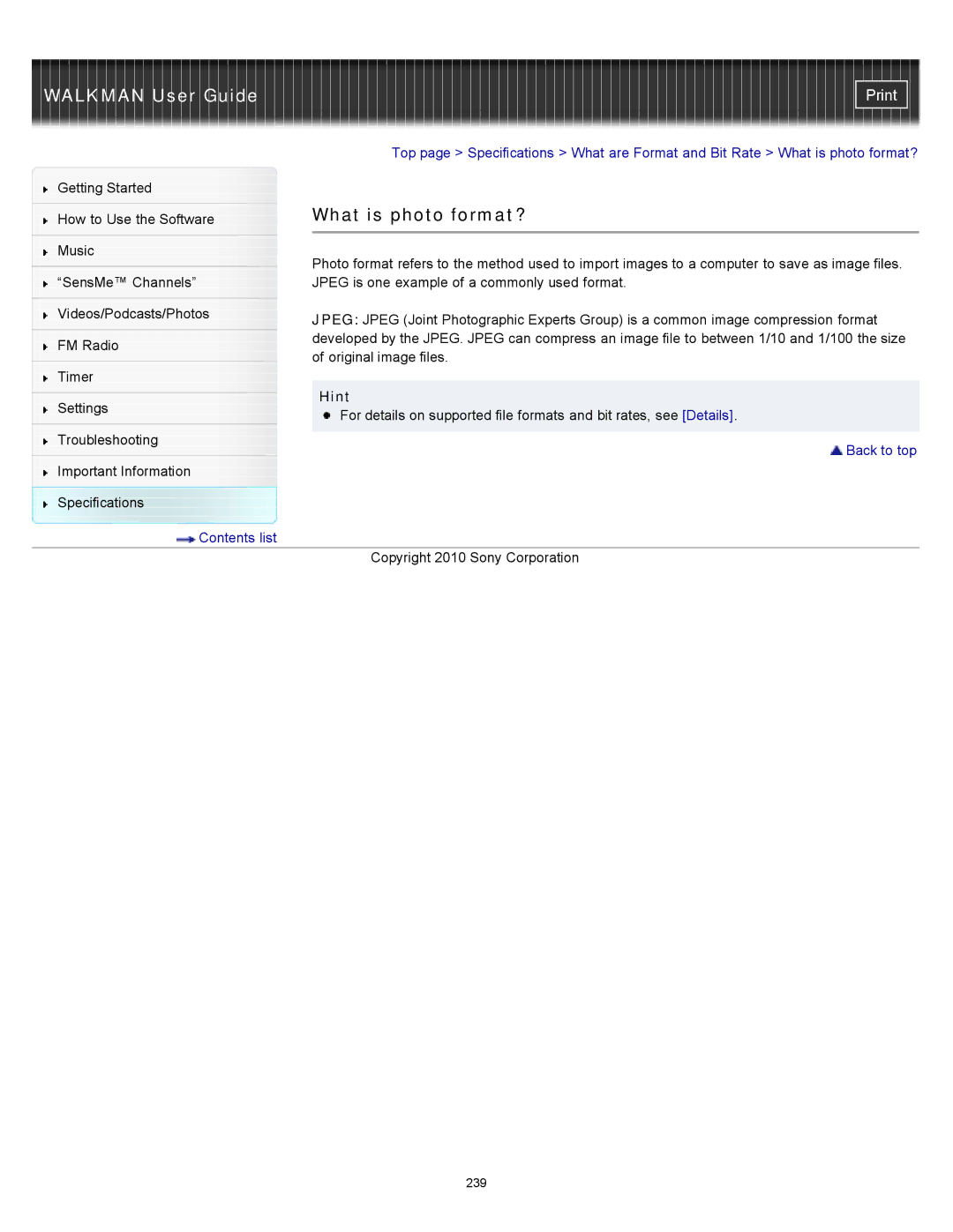 Sony NWZ-E354, NWZ-E355, NWZ-E353 specifications What is photo format? 