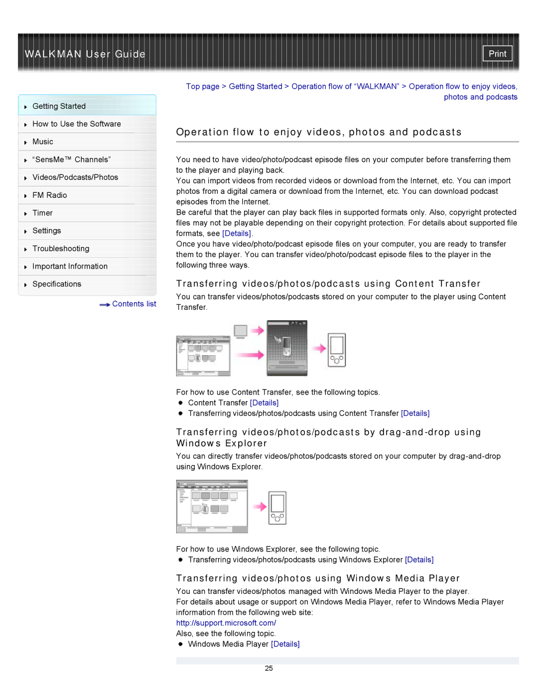 Sony NWZ-E353 Operation flow to enjoy videos, photos and podcasts, Transferring videos/photos using Windows Media Player 