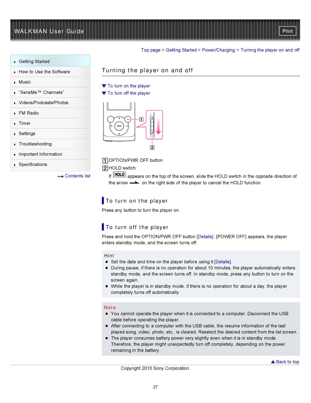 Sony NWZ-E355, NWZ-E353, NWZ-E354 specifications Turning the player on and off, To turn on the player, To turn off the player 