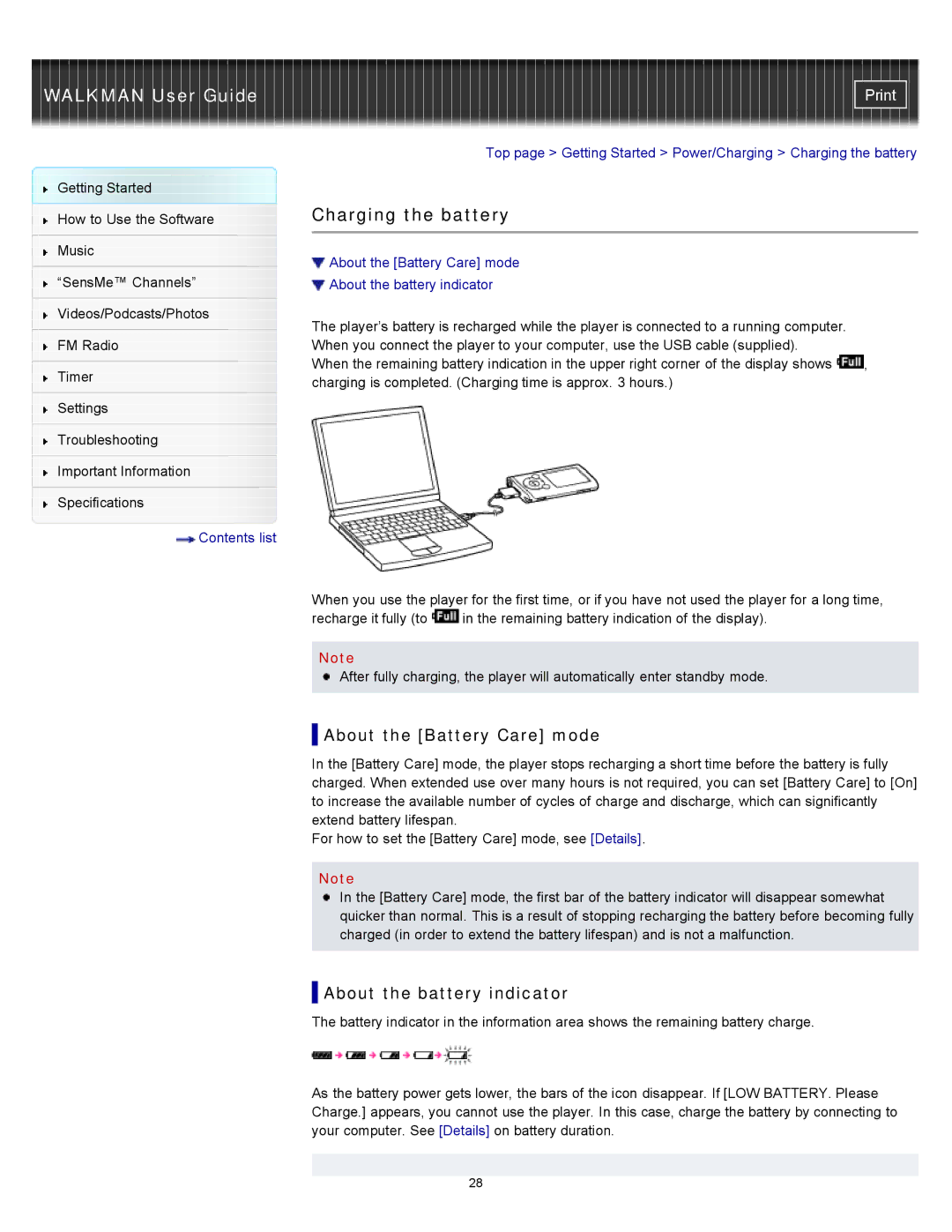 Sony NWZ-E353, NWZ-E355, NWZ-E354 Charging the battery, About the Battery Care mode, About the battery indicator 