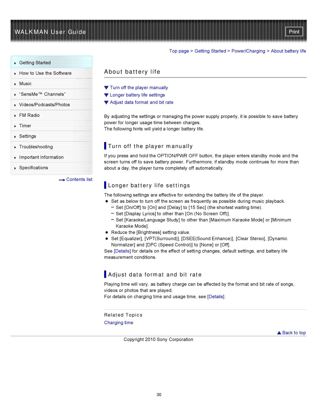 Sony NWZ-E355, NWZ-E353 About battery life, Turn off the player manually, Longer battery life settings, Related Topics 