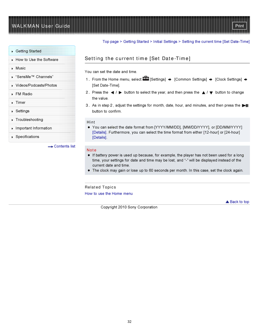 Sony NWZ-E354, NWZ-E355, NWZ-E353 specifications Setting the current time Set Date-Time, Details 