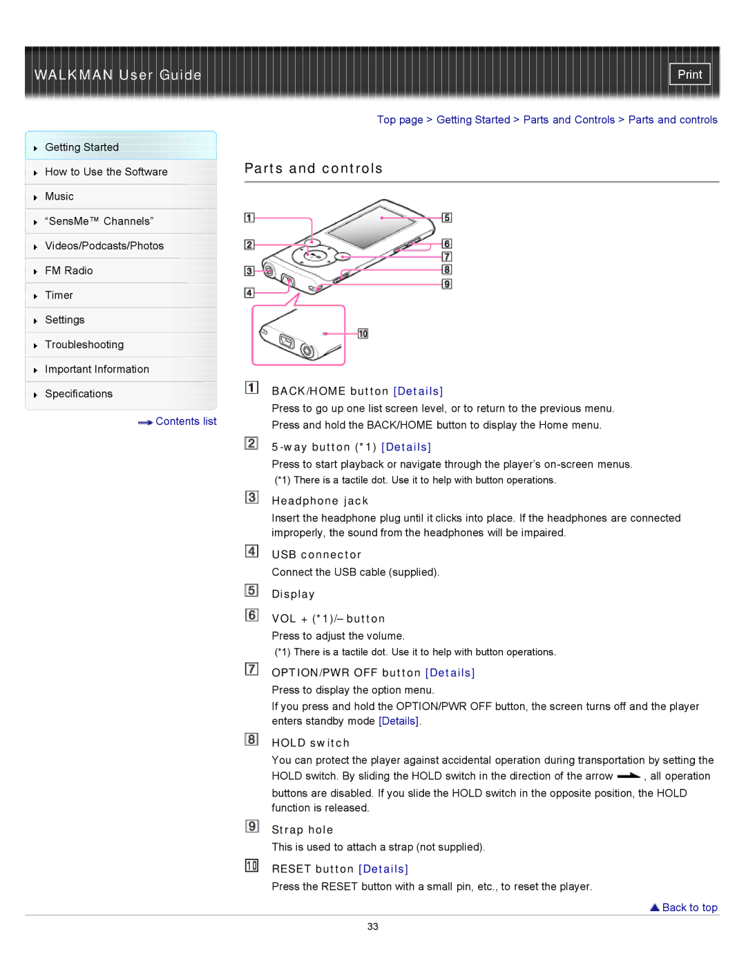 Sony NWZ-E355, NWZ-E353, NWZ-E354 specifications Parts and controls 