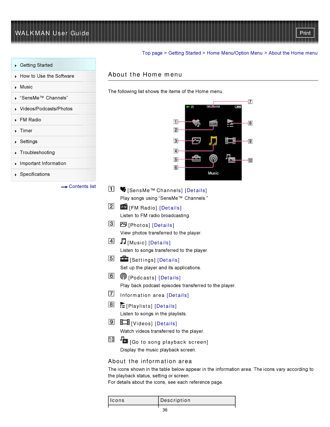 Sony NWZ-E355, NWZ-E353, NWZ-E354 specifications About the Home menu, About the information area 