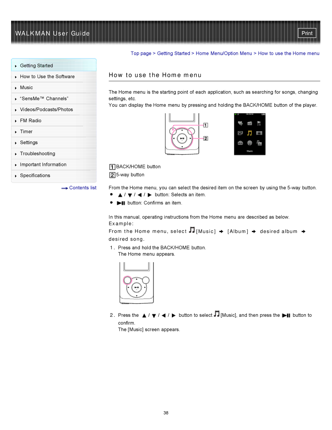 Sony NWZ-E354, NWZ-E355, NWZ-E353 specifications How to use the Home menu 