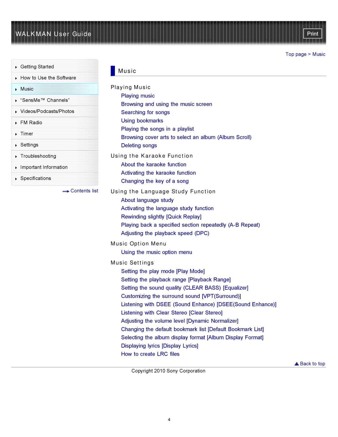 Sony NWZ-E353, NWZ-E355, NWZ-E354 specifications Music 