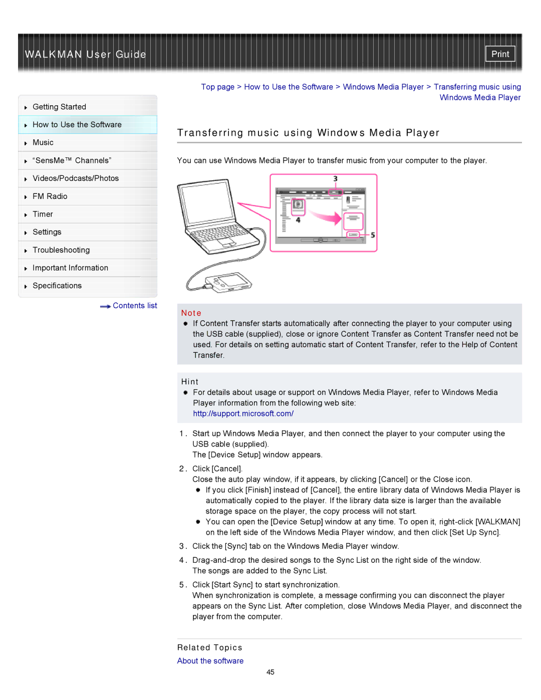 Sony NWZ-E355, NWZ-E353, NWZ-E354 specifications Transferring music using Windows Media Player 