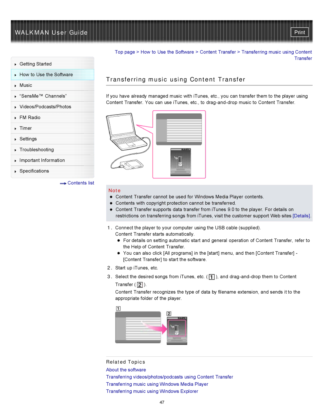 Sony NWZ-E354, NWZ-E355, NWZ-E353 specifications Transferring music using Content Transfer 